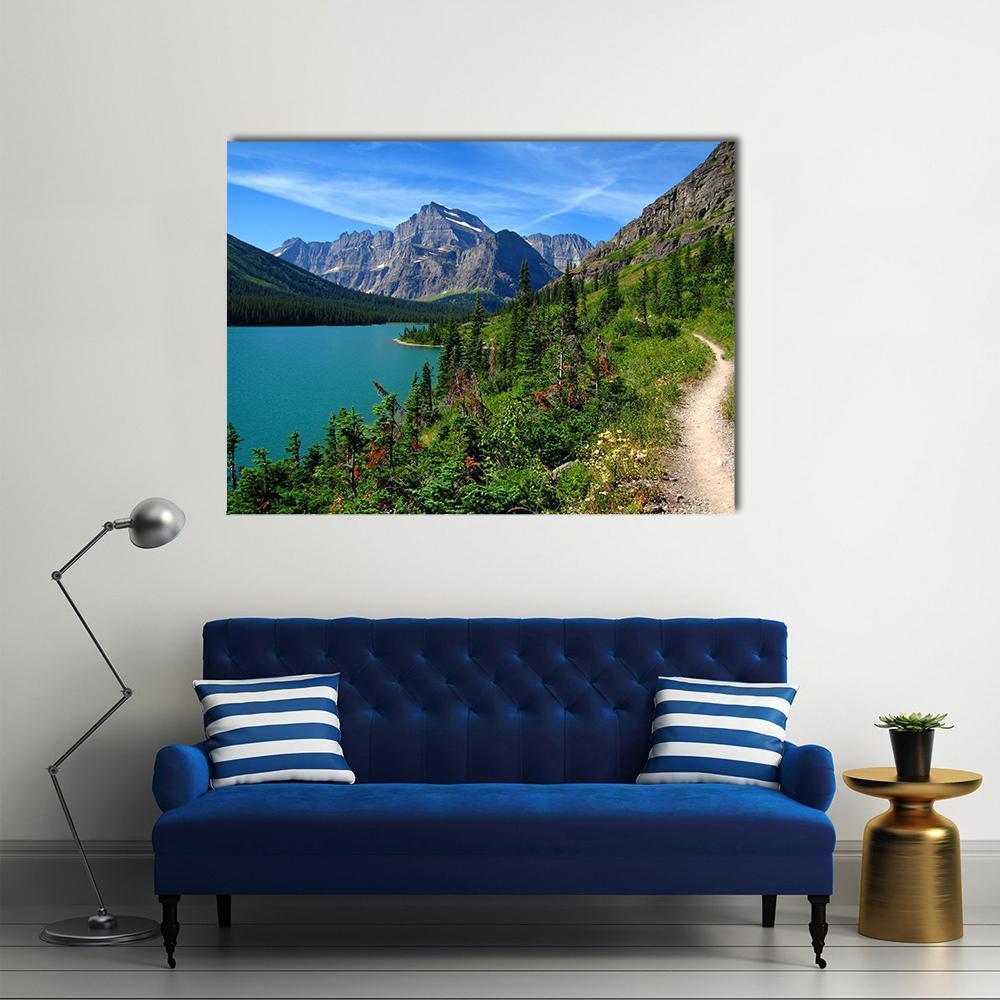 Lake Josephine Mountain Vista Canvas Wall Art in gray, green and blue, single panel hung on a wall