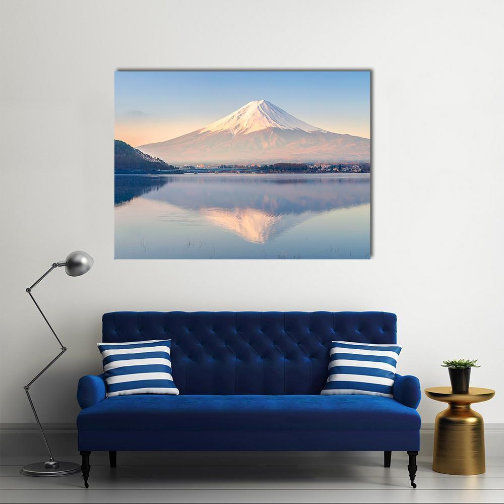 Lake Kawaguchiko Mountain Reflection Canvas Wall Art in white, orange and blue, single panel hung on a wall