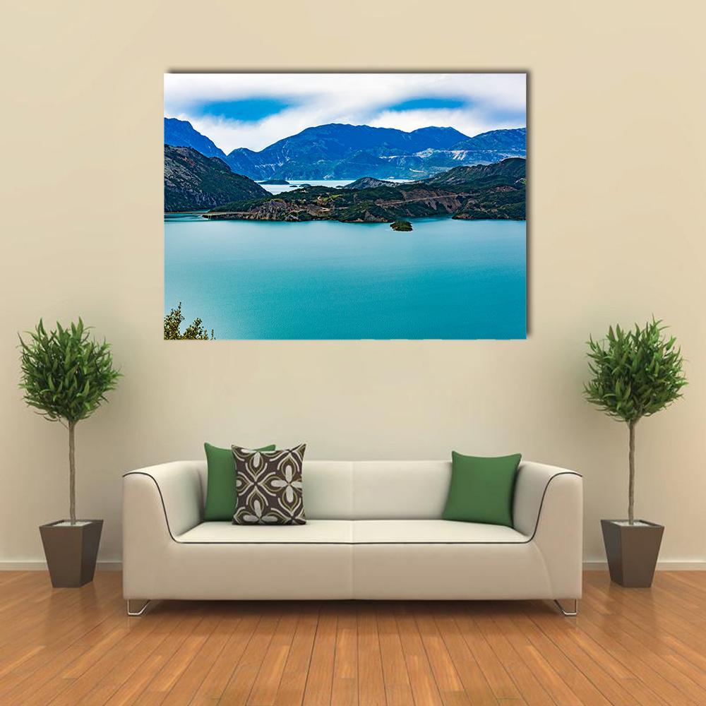 Lake Kremasta View Canvas Wall Art in white, green and blue, single panel hung on a wall