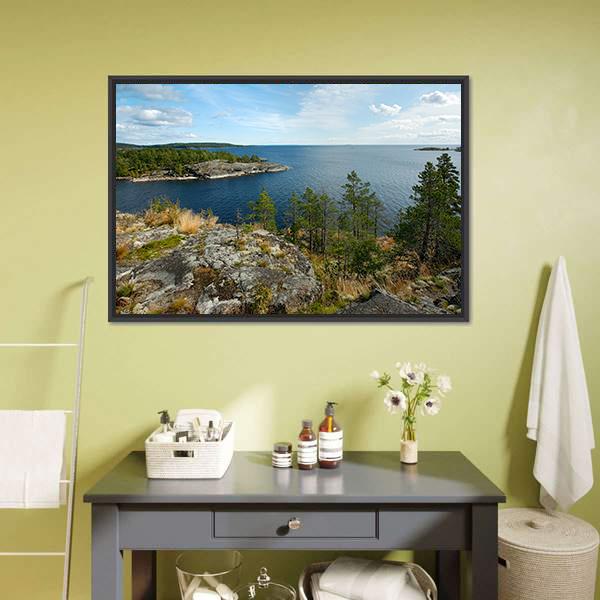Lake Ladoga with Forested Islands Canvas Wall Art in gray, green and blue, framed canvas, product view on a white background
