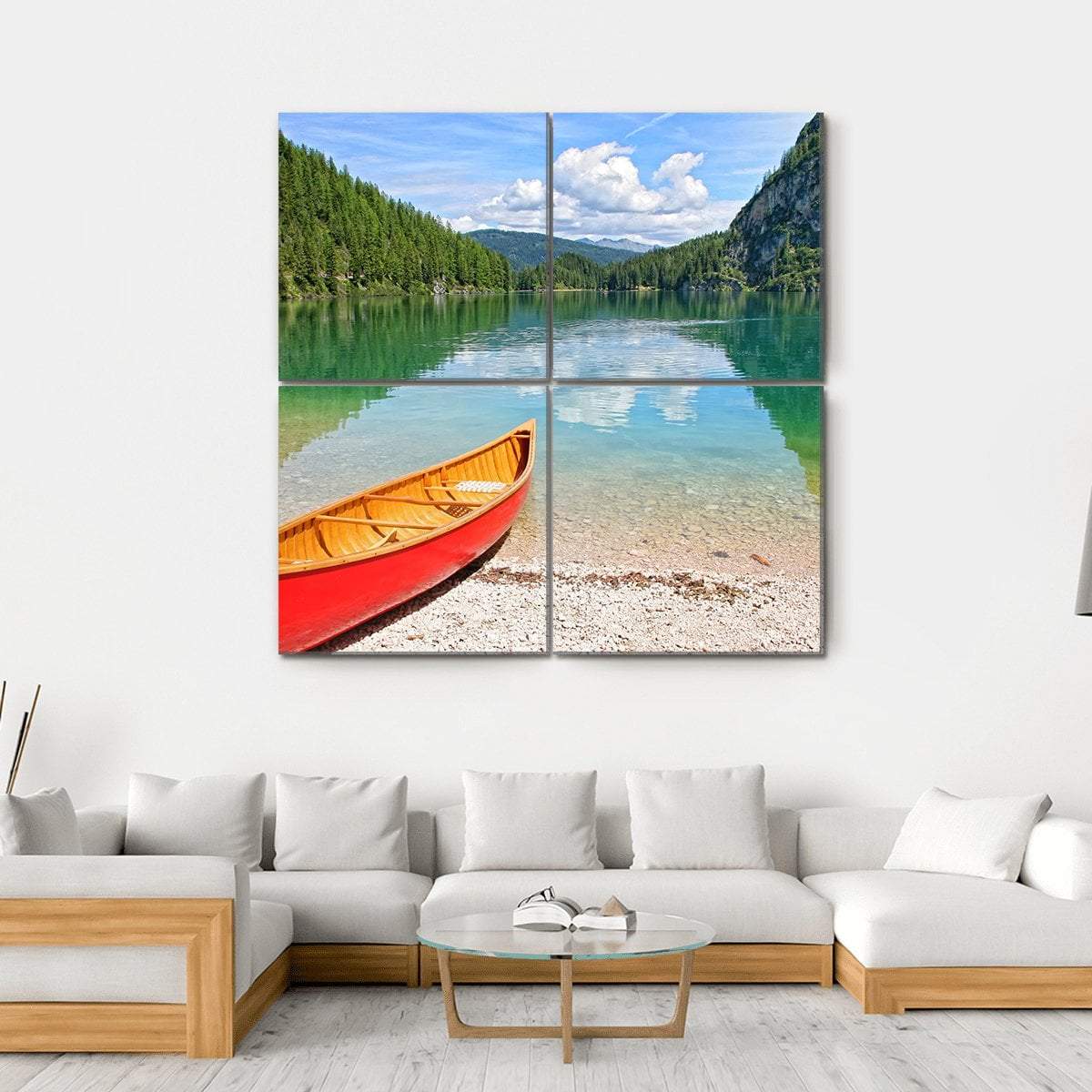 Canoe On Lake Braies Canvas Wall Art-4 Square-Gallery Wrap-17" x 17"-Tiaracle