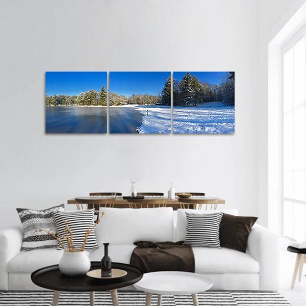 Lake Landscape In Winter Panoramic Canvas Wall Art-3 Piece-25" x 08"-Tiaracle