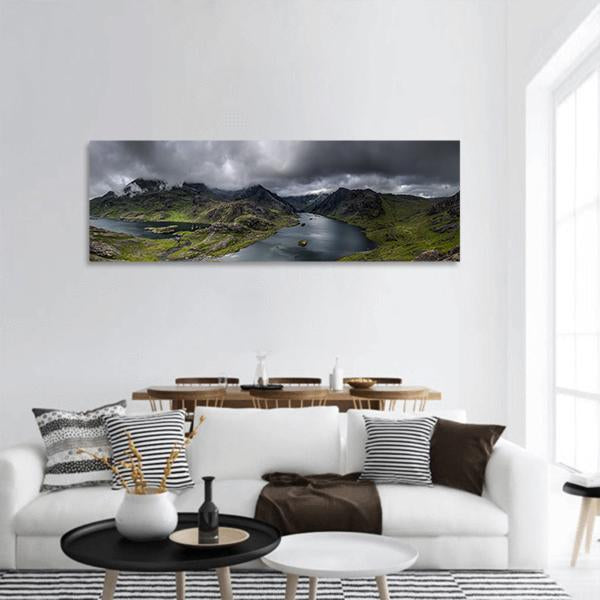 Lake Landscape Under Mountains Panoramic Canvas Wall Art-1 Piece-36" x 12"-Tiaracle