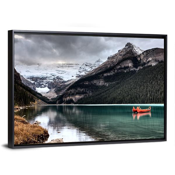 Lake Louise Glacier Canoe Canvas Wall Art-3 Horizontal-Gallery Wrap-25" x 16"-Tiaracle