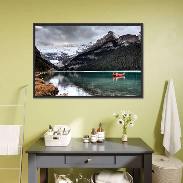 Lake Louise Canoe and Glacier Canvas Wall Art in white, gray and blue, framed canvas, product view on a white background
