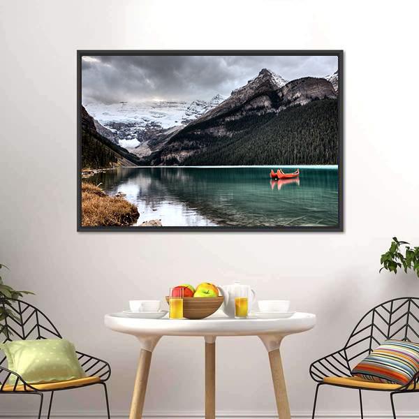 Lake Louise Glacier Canoe Canvas Wall Art-3 Horizontal-Gallery Wrap-25" x 16"-Tiaracle
