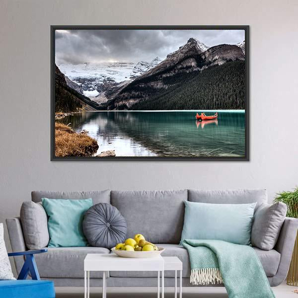 Lake Louise Glacier Canoe Canvas Wall Art-3 Horizontal-Gallery Wrap-25" x 16"-Tiaracle