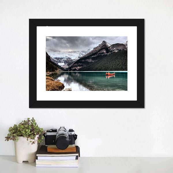 Lake Louise Glacier Canoe Canvas Wall Art-1 Piece-Framed Print-20" x 16"-Tiaracle