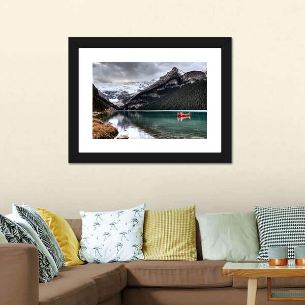 Lake Louise Glacier Canoe Canvas Wall Art-3 Horizontal-Gallery Wrap-25" x 16"-Tiaracle