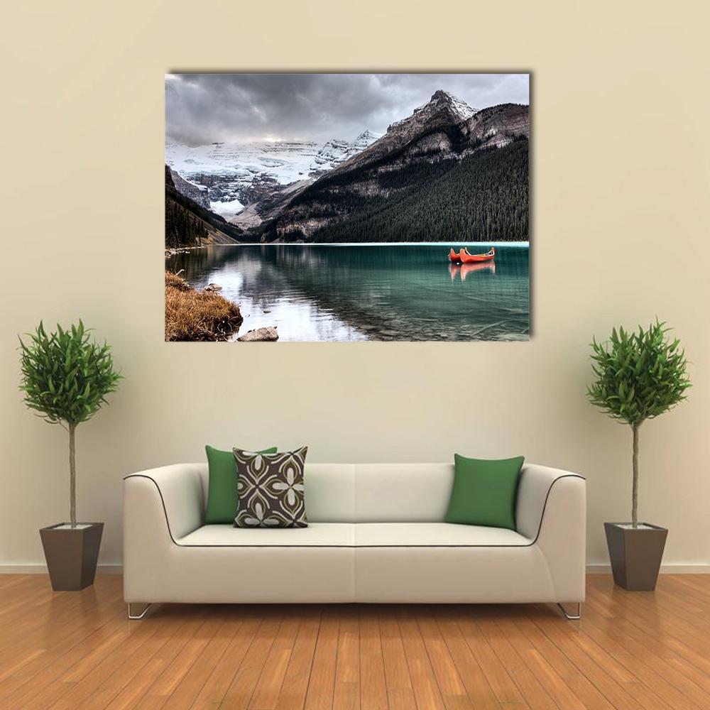 Lake Louise Canoe and Glacier Canvas Wall Art in white, gray and blue, single panel hung on a wall