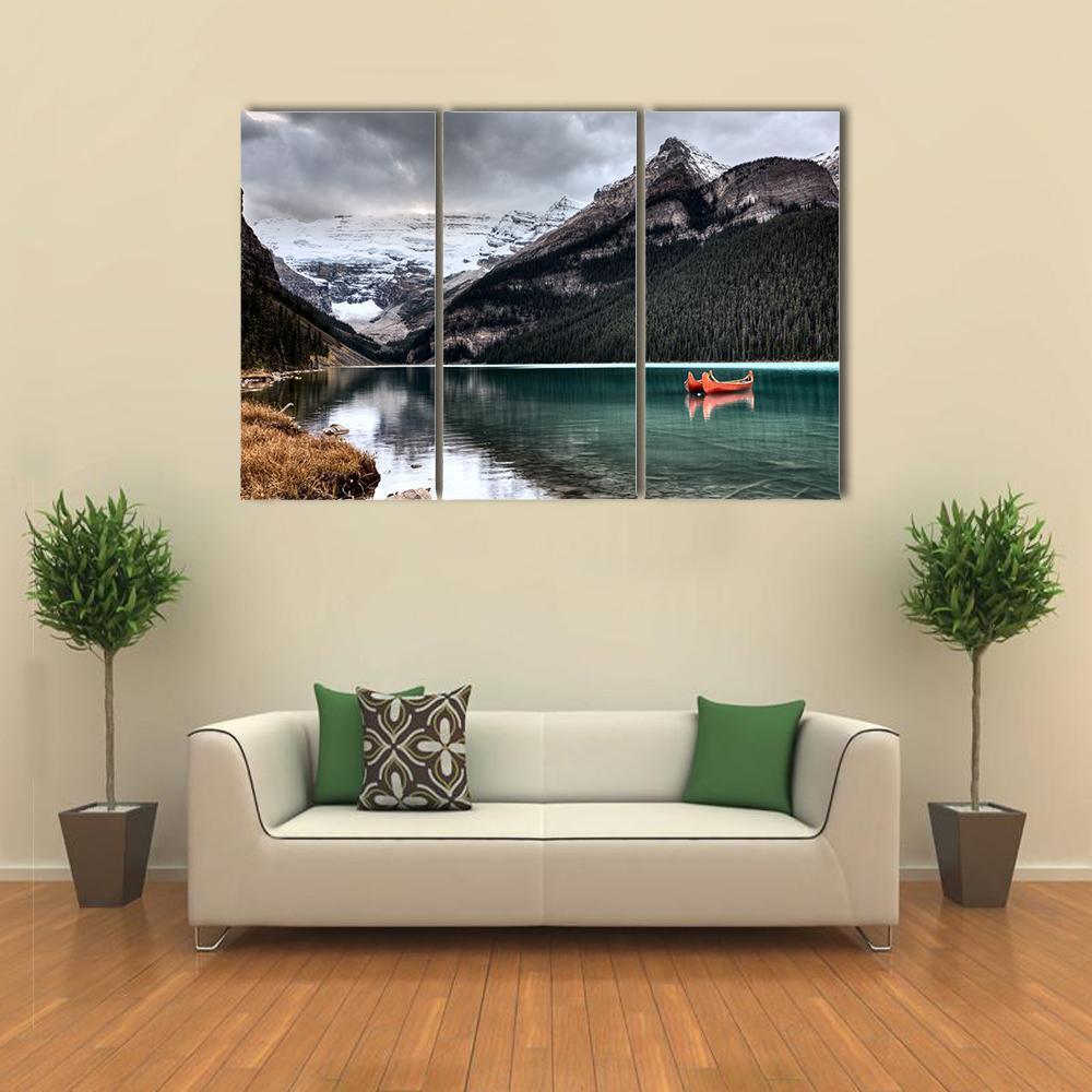 Lake Louise Glacier Canoe Canvas Wall Art-3 Horizontal-Gallery Wrap-37" x 24"-Tiaracle