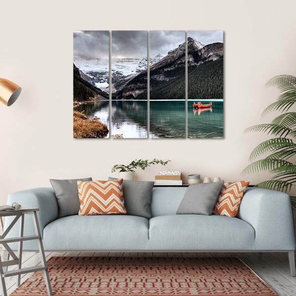 Lake Louise Glacier Canoe Canvas Wall Art-4 Horizontal-Gallery Wrap-34" x 24"-Tiaracle