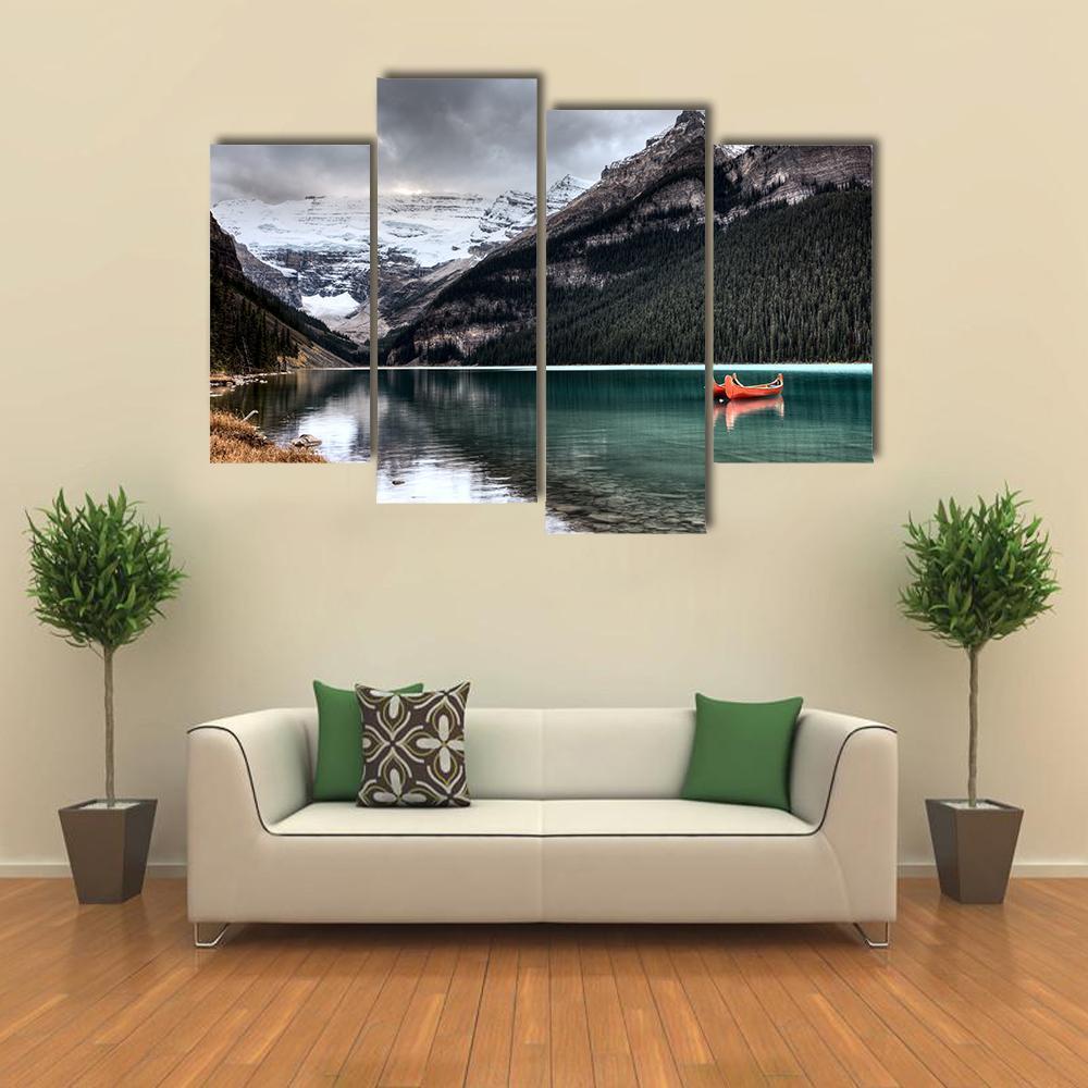 Lake Louise Glacier Canoe Canvas Wall Art-4 Pop-Gallery Wrap-50" x 32"-Tiaracle