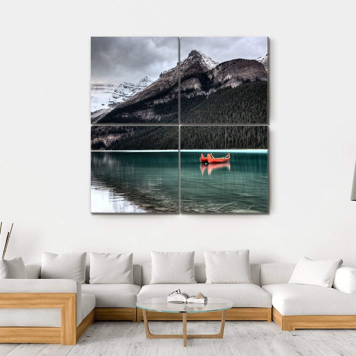 Lake Louise Glacier Canoe Canvas Wall Art-4 Square-Gallery Wrap-17" x 17"-Tiaracle