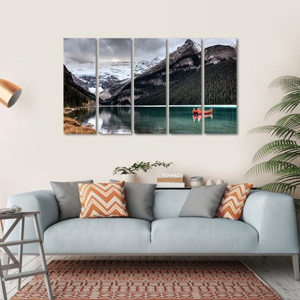 Lake Louise Glacier Canoe Canvas Wall Art-5 Horizontal-Gallery Wrap-22" x 12"-Tiaracle