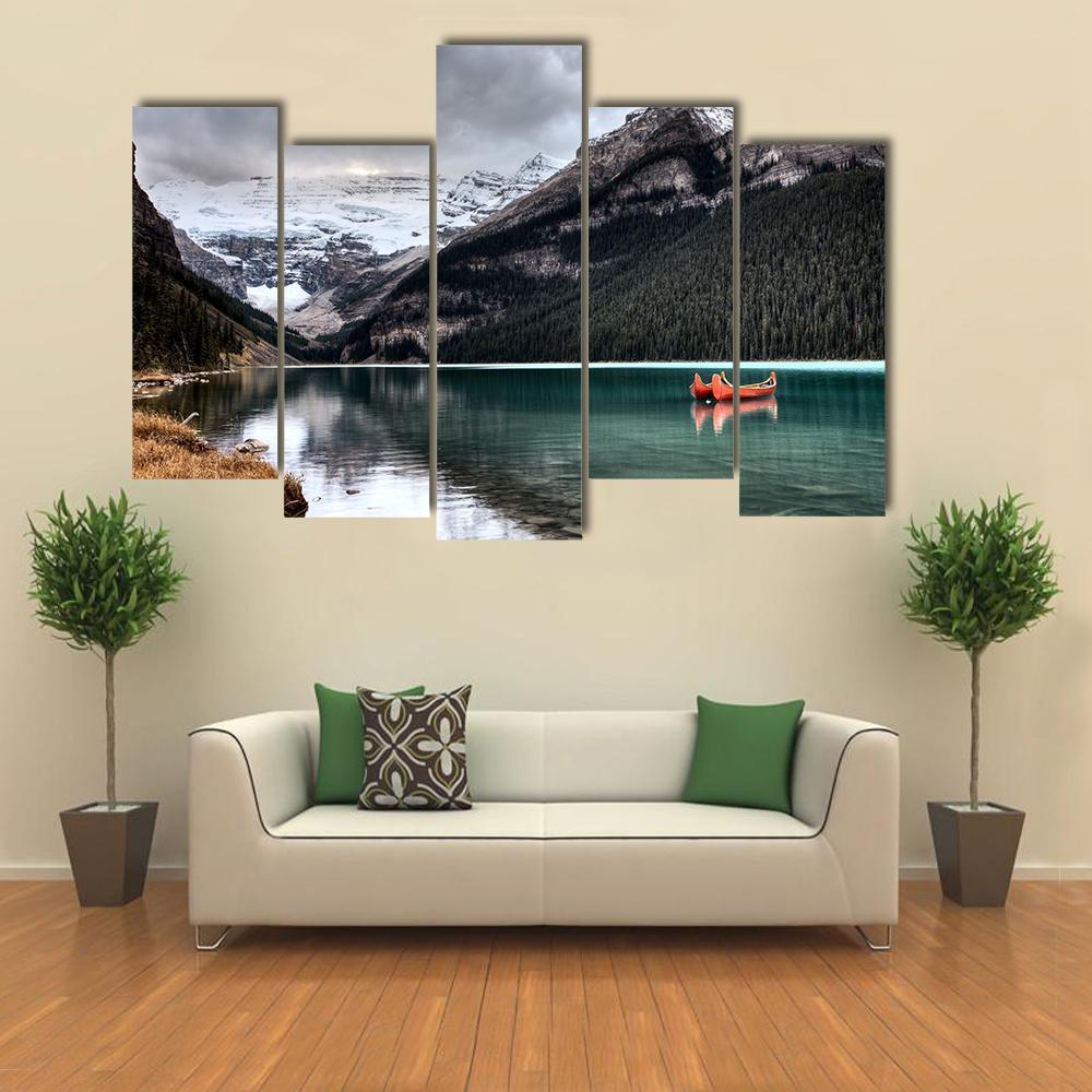 Lake Louise Glacier Canoe Canvas Wall Art-5 Pop-Gallery Wrap-47" x 32"-Tiaracle