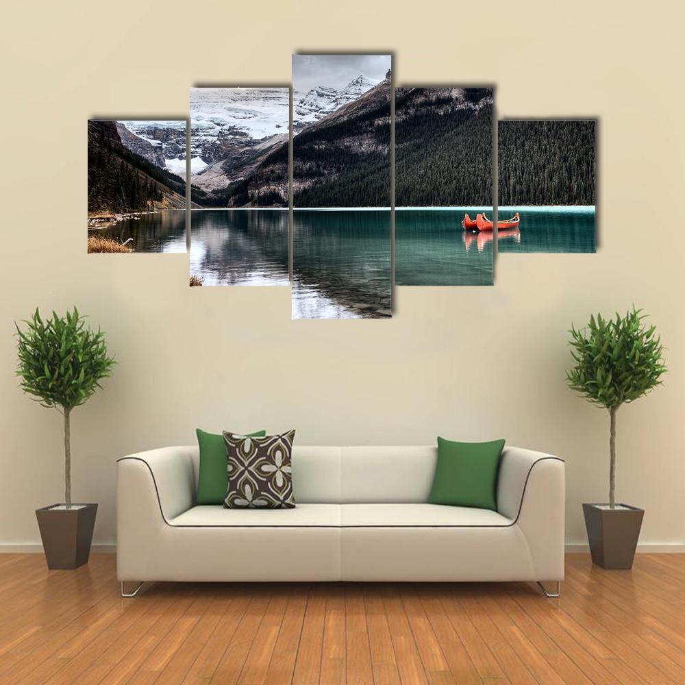 Lake Louise Glacier Canoe Canvas Wall Art-5 Star-Gallery Wrap-62" x 32"-Tiaracle
