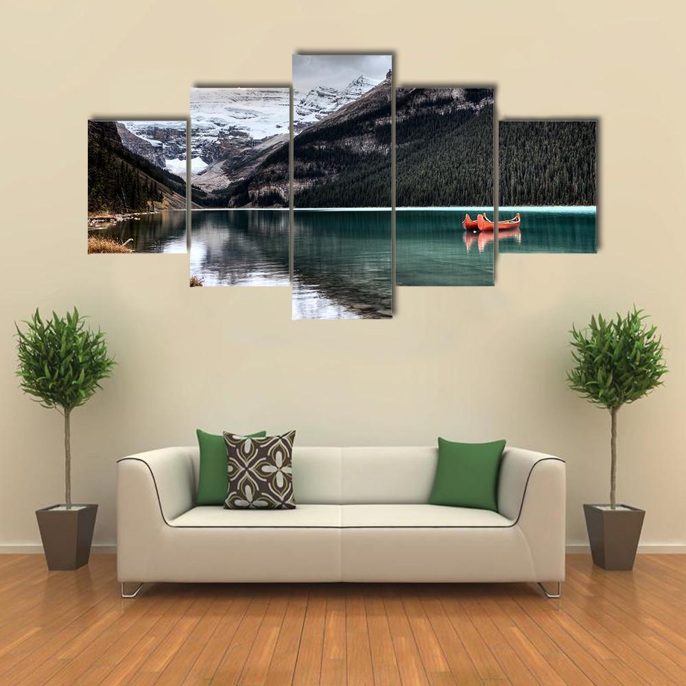 Lake Louise Glacier Canoe Canvas Wall Art-3 Horizontal-Gallery Wrap-37" x 24"-Tiaracle