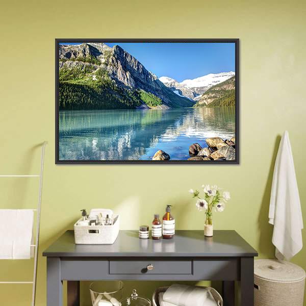Lake Louise Mountain Reflections Canvas Wall Art in gray, green and blue, framed canvas, product view on a white background