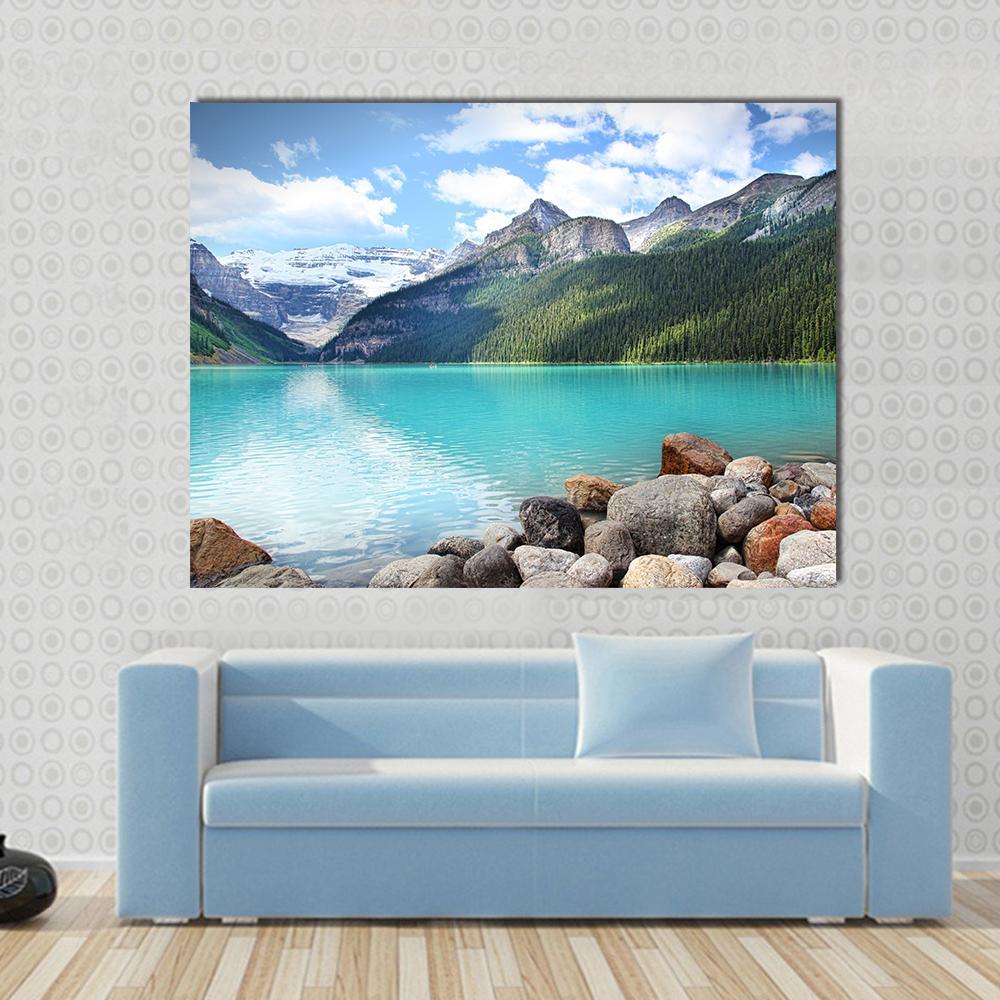 Lake Louise Turquoise Lake with Mountains Canvas Wall Art in gray, green and blue, single panel hung on a wall
