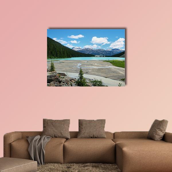 Lake in Banff National Park Canvas Wall Art in gray, green and blue, single panel hung on a wall