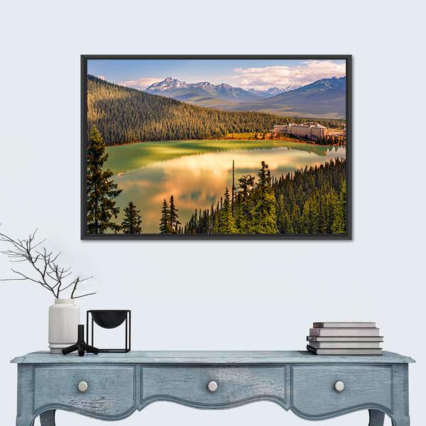 Lake Louise Under Mountains Canvas Wall Art-1 Piece-Floating Frame-24" x 16"-Tiaracle