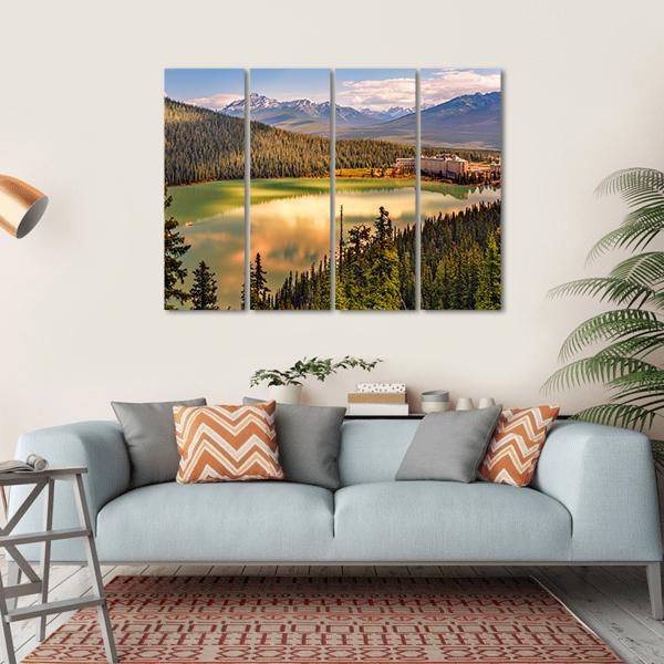 Lake Louise Under Mountains Canvas Wall Art-4 Horizontal-Gallery Wrap-34" x 24"-Tiaracle