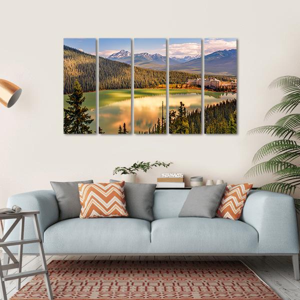 Lake Louise Under Mountains Canvas Wall Art-5 Horizontal-Gallery Wrap-22" x 12"-Tiaracle