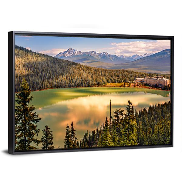 Lake Louise Under Mountains Canvas Wall Art-3 Horizontal-Gallery Wrap-25" x 16"-Tiaracle
