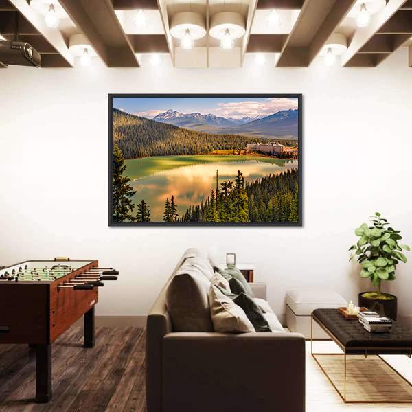 Lake Louise Under Mountains Canvas Wall Art-5 Horizontal-Gallery Wrap-22" x 12"-Tiaracle