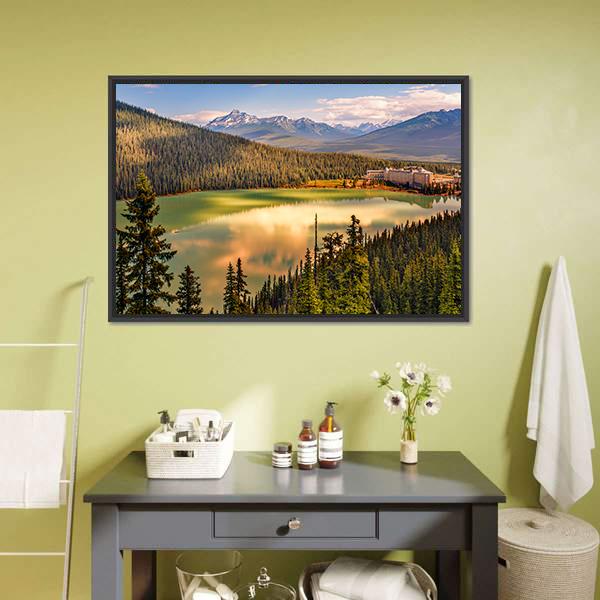 Lake Louise Under Mountains Canvas Wall Art-1 Piece-Floating Frame-24" x 16"-Tiaracle