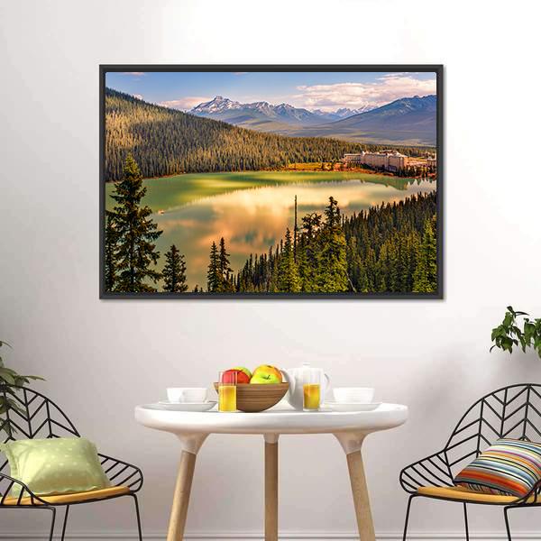 Lake Louise Under Mountains Canvas Wall Art-3 Horizontal-Gallery Wrap-25" x 16"-Tiaracle