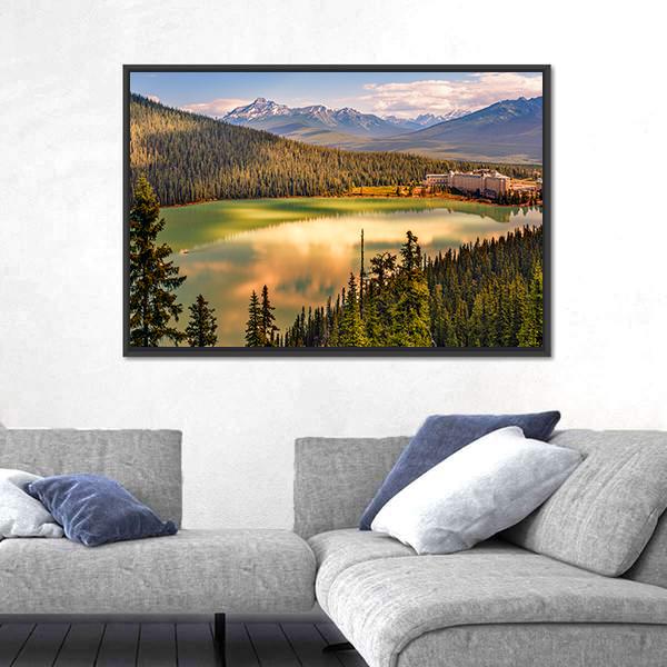Lake Louise Under Mountains Canvas Wall Art-5 Horizontal-Gallery Wrap-22" x 12"-Tiaracle
