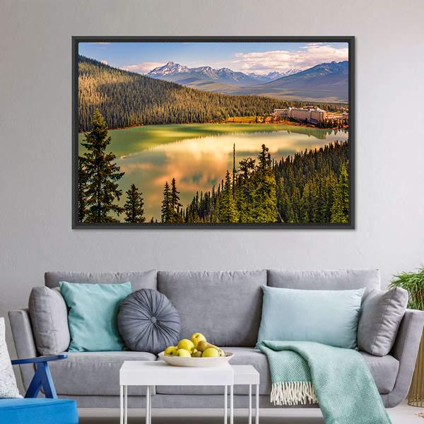 Lake Louise Under Mountains Canvas Wall Art-3 Horizontal-Gallery Wrap-25" x 16"-Tiaracle