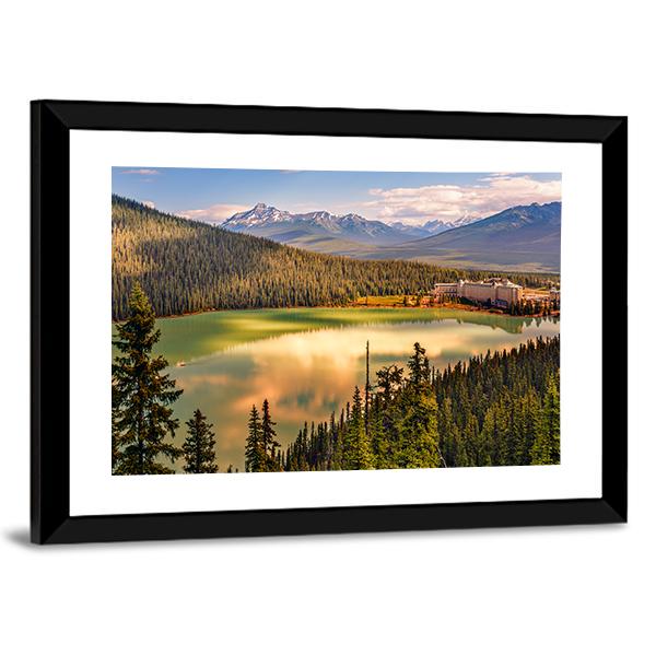 Lake Louise Under Mountains Canvas Wall Art-5 Horizontal-Gallery Wrap-22" x 12"-Tiaracle