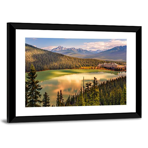 Lake Louise Under Mountains Canvas Wall Art-3 Horizontal-Gallery Wrap-25" x 16"-Tiaracle