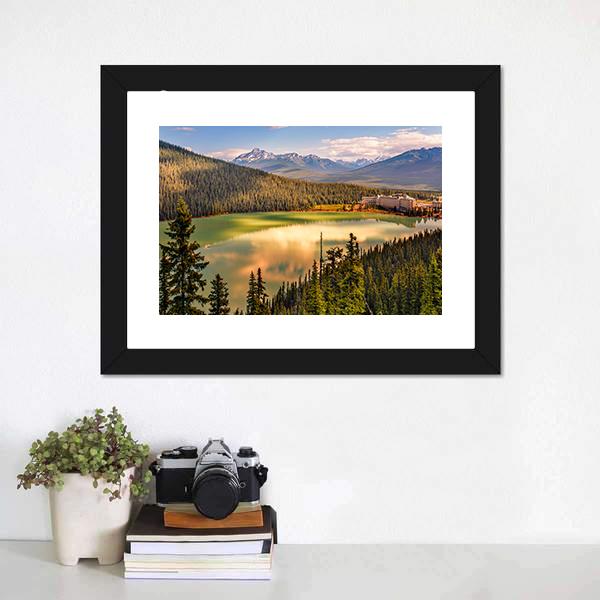 Lake Louise Under Mountains Canvas Wall Art-1 Piece-Framed Print-20" x 16"-Tiaracle