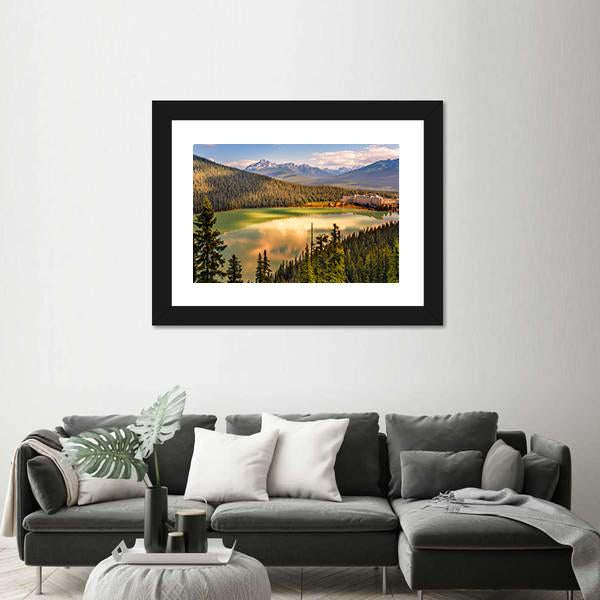 Lake Louise Under Mountains Canvas Wall Art-5 Horizontal-Gallery Wrap-22" x 12"-Tiaracle
