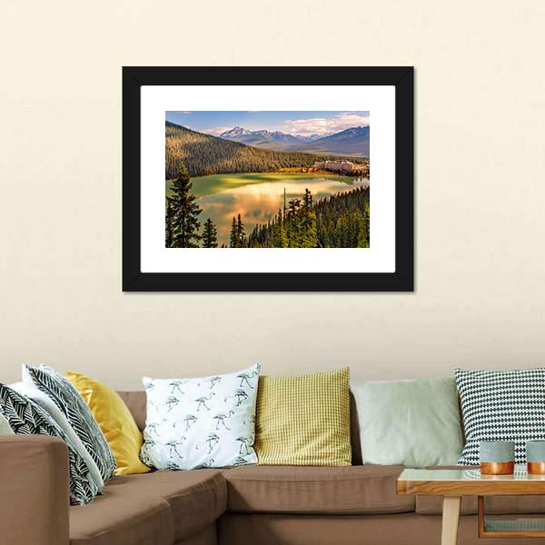 Lake Louise Under Mountains Canvas Wall Art-3 Horizontal-Gallery Wrap-25" x 16"-Tiaracle