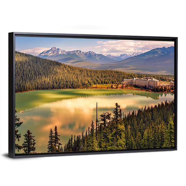 Lake Louise Under Mountains Canvas Wall Art-5 Horizontal-Gallery Wrap-22" x 12"-Tiaracle
