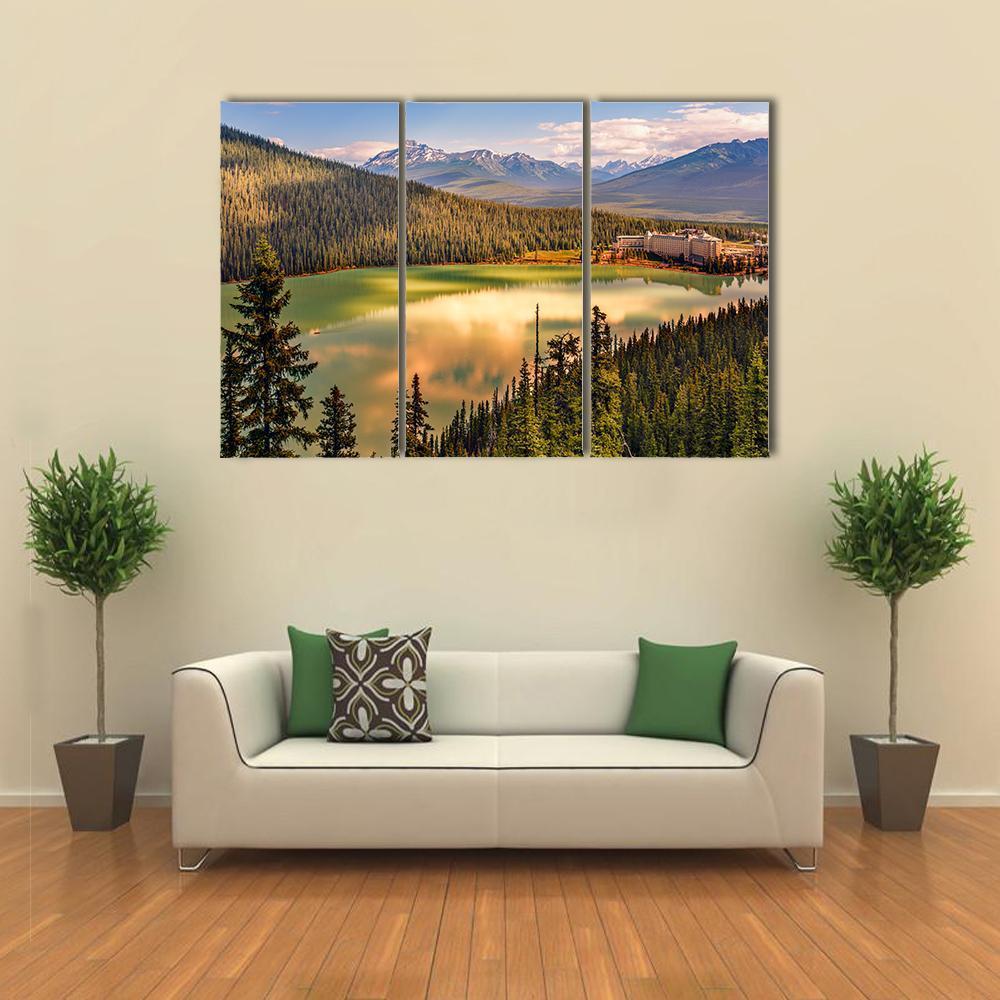 Lake Louise Under Mountains Canvas Wall Art-3 Horizontal-Gallery Wrap-37" x 24"-Tiaracle