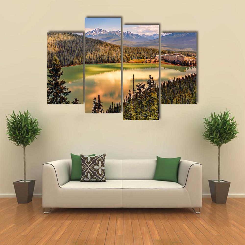 Lake Louise Under Mountains Canvas Wall Art-4 Pop-Gallery Wrap-50" x 32"-Tiaracle
