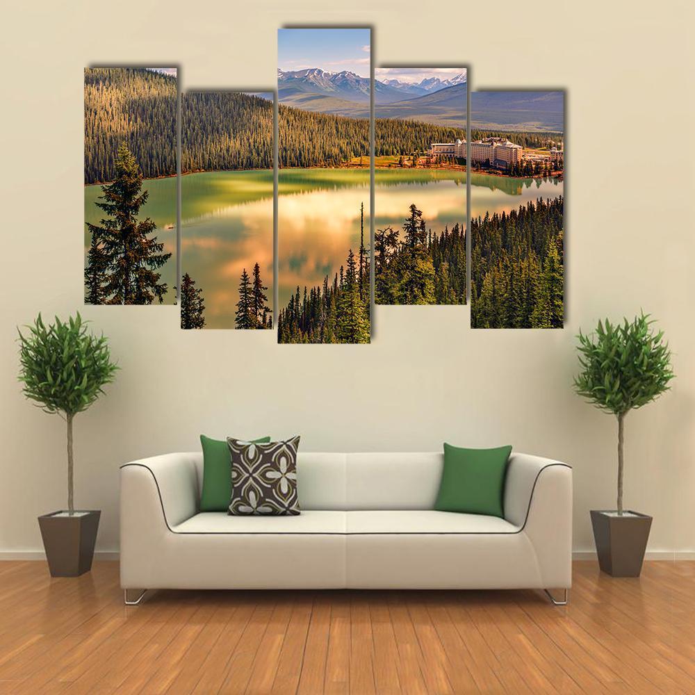 Lake Louise Under Mountains Canvas Wall Art-5 Pop-Gallery Wrap-47" x 32"-Tiaracle