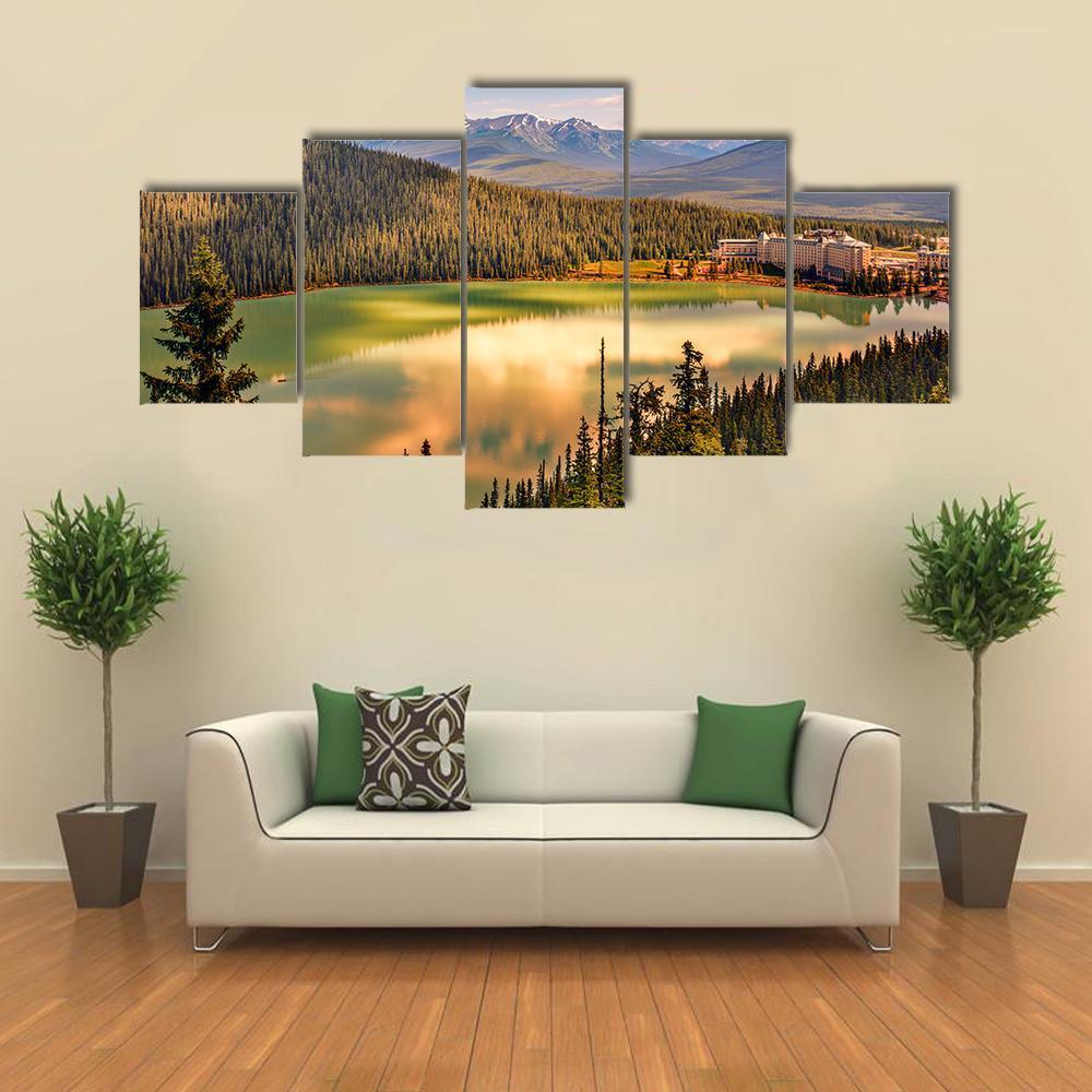 Lake Louise Under Mountains Canvas Wall Art-5 Star-Gallery Wrap-62" x 32"-Tiaracle