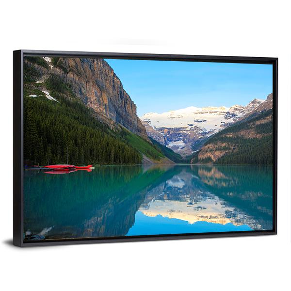 Lake Louise With Red Canoe Canvas Wall Art-3 Horizontal-Gallery Wrap-25" x 16"-Tiaracle