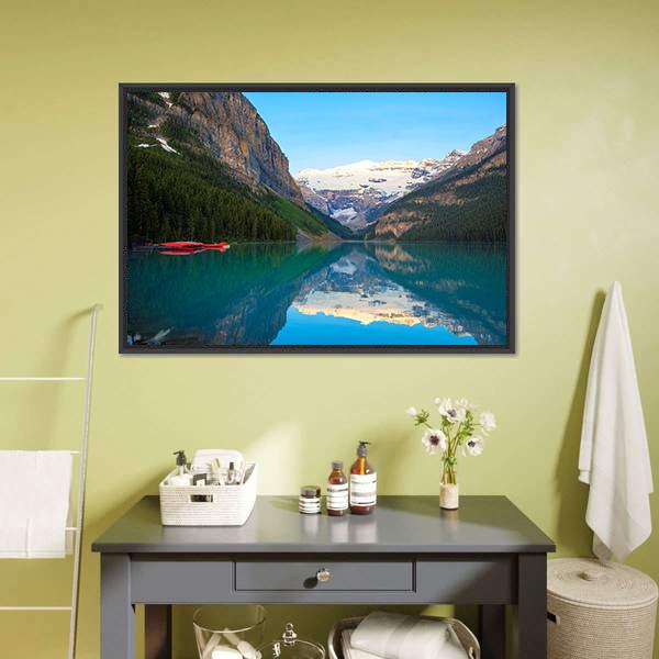 Lake Louise With Red Canoe Canvas Wall Art-1 Piece-Floating Frame-24" x 16"-Tiaracle