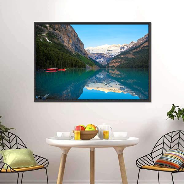 Lake Louise With Red Canoe Canvas Wall Art-3 Horizontal-Gallery Wrap-25" x 16"-Tiaracle