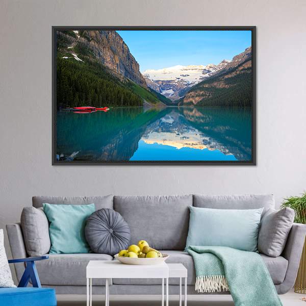 Lake Louise With Red Canoe Canvas Wall Art-3 Horizontal-Gallery Wrap-25" x 16"-Tiaracle