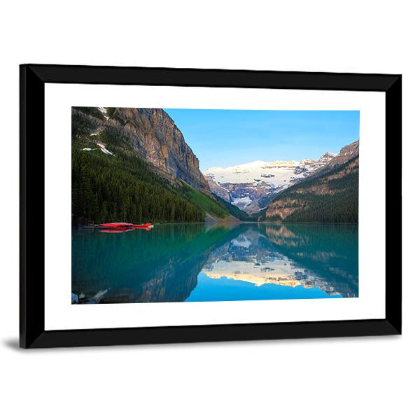 Lake Louise With Red Canoe Canvas Wall Art-3 Horizontal-Gallery Wrap-25" x 16"-Tiaracle