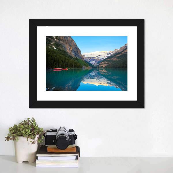 Lake Louise With Red Canoe Canvas Wall Art-1 Piece-Framed Print-20" x 16"-Tiaracle